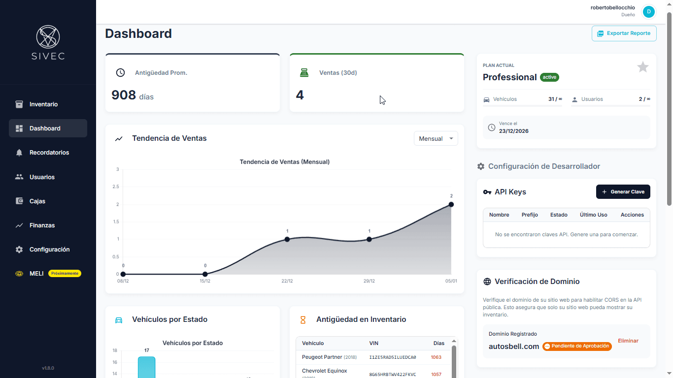 Dashboard SIVEC - Sistema de gestión para concesionarias en Argentina